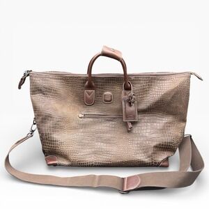 Bric's Milano Safari Duffel Bag Brown Croc Embossed Leather Trim Weekender Italy